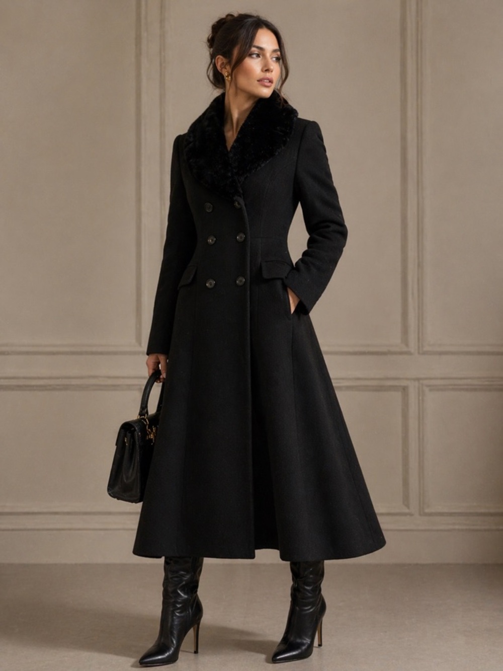 Anne Klein II Vintage Wool Coat Faux Fur Collar Long Black Coat Size 6 Classic